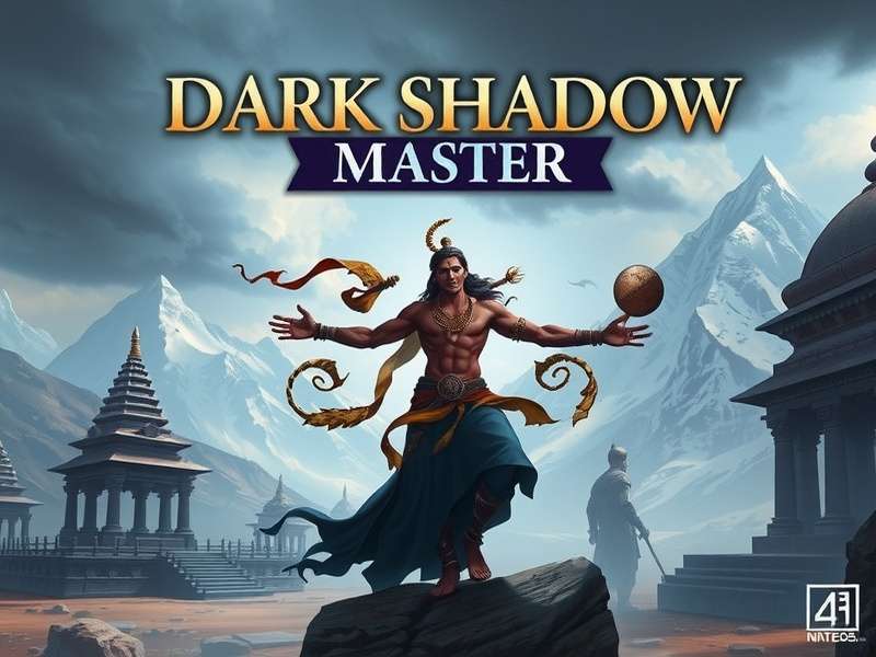 Dark Shadow Master Game Cover showing mythological Indian warrior with shadow powers against the backdrop of Himalayan peaks and ancient temple ruins